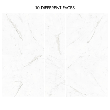 Los azulejos de mármol blanco muestran variados patrones de vetas grises, dispuestas en dos filas. El texto anterior dice `10 CA