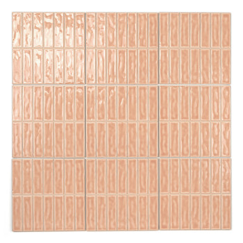 Twaalf glanzende, rechthoekige tegels zijn gerangschikt in een rasterpatroon, elk met een glad, reflecterend perzikkleurig opper