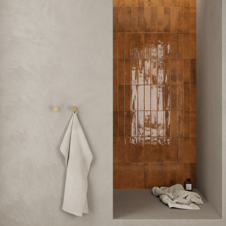 Eine glänzende, rotbraun geflieste Wand bildet einen Duschbereich mit einem Handtuch, das über einen Haken an einer glatten, hel Eine glänzende, rotbraun geflieste Wand bildet einen Duschbereich mit einem Handtuch, das über einen Haken an einer glatten, hel