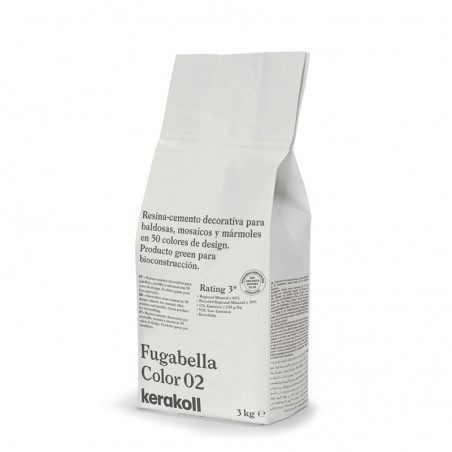 Zak hars-cement staat rechtop. De tekst luidt: `Resina-cemento decorativa...bioconstructión. Fugabella Kleur 02, kerakoll, 3 kg. Zak hars-cement staat rechtop. De tekst luidt: `Resina-cemento decorativa...bioconstructión. Fugabella Kleur 02, kerakoll, 3 kg.
