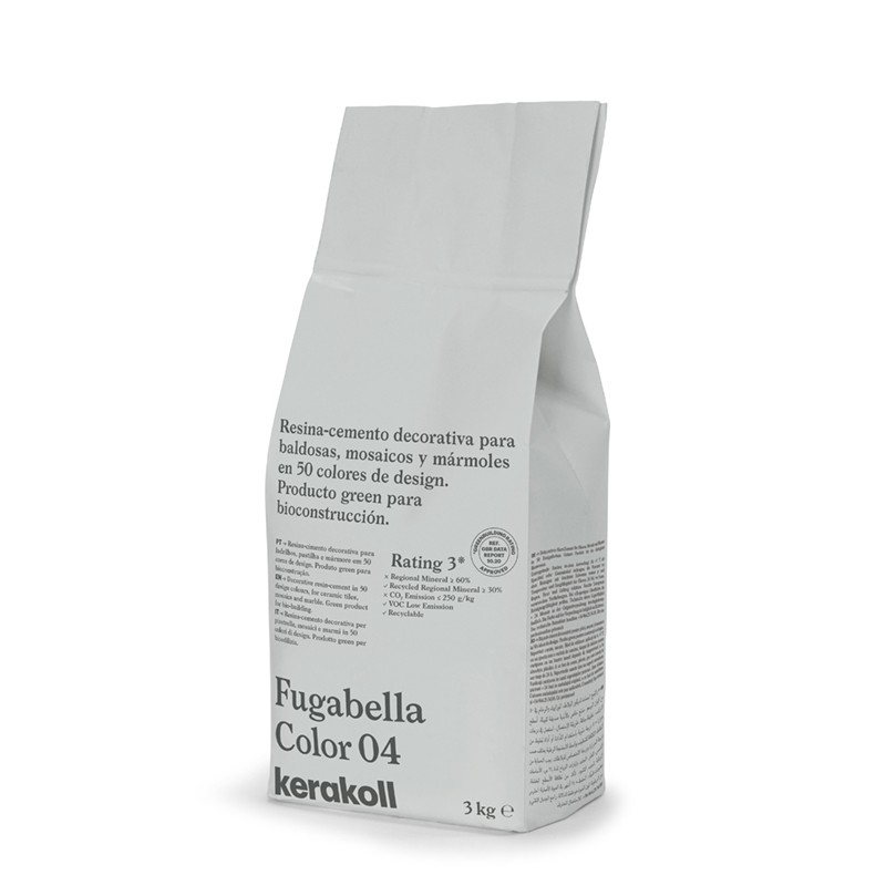 Die Tasche steht aufrecht und zeigt den Text auf Spanisch für „Fugabella Color 04“ Harzzement von Kerakoll in neutraler Verpacku