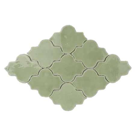 Green terracotta tiles form a repeating interlocking pattern, creating a decorative layout on a plain white background.