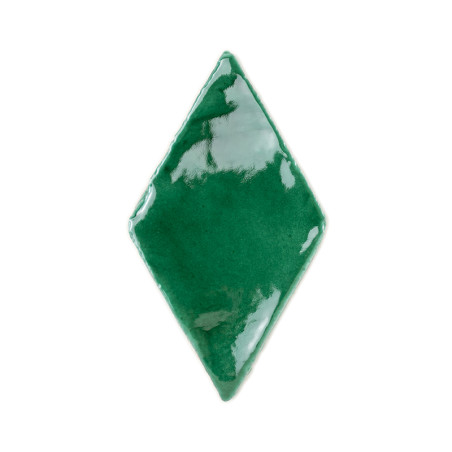 Diamond-shaped green terracotta tile, glossy surface, displayed on a plain white background.