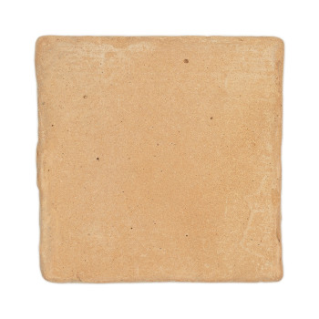 Een vierkante terracottategel ligt op een witte achtergrond en toont een ruw, gestructureerd oppervlak met natuurlijke onvolkome