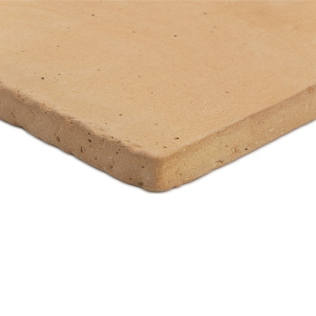 Terracotta tile lies flat, displaying a smooth, slightly rough surface with natural imperfections. resting against a neutral bac