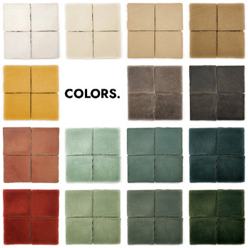 Azulejos de terracota dispuestas en una cuadrícula que muestran varios colores, incluidos blanco, amarillo, rojo y verde. El tex