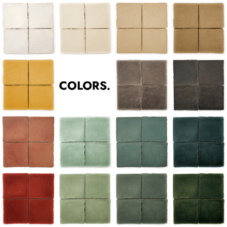 Azulejos de terracota dispuestas en una cuadrícula que muestran varios colores, incluidos blanco, amarillo, rojo y verde. El tex