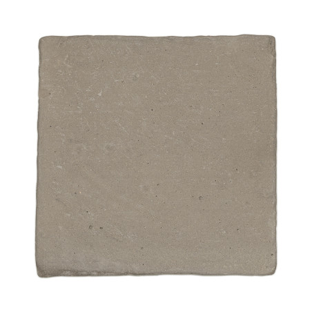 Square terracotta tile resting flat, displaying its earthy, grayish tone, with subtle texture and no distinct markings.