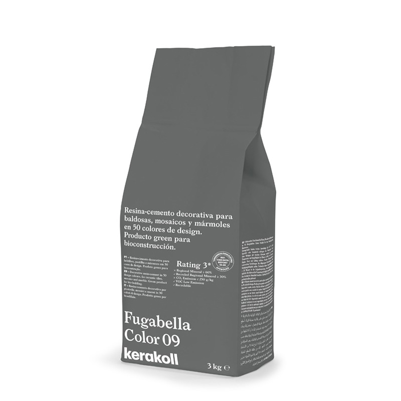 Le sac gris étiqueté « Fugabella Color 09 Kerakoll » se tient debout, entouré d'un texte d'informations détaillées sur le produi