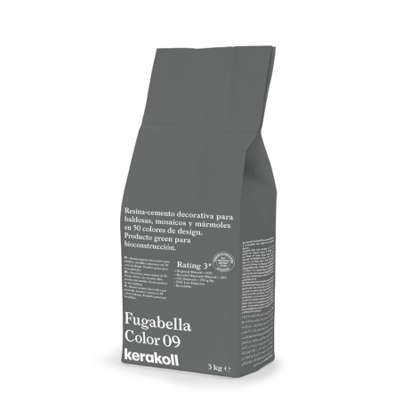 Grijze tas met het opschrift `Fugabella Color 09 Kerakoll` staat rechtop, omgeven door gedetailleerde productinformatietekst, en Grijze tas met het opschrift `Fugabella Color 09 Kerakoll` staat rechtop, omgeven door gedetailleerde productinformatietekst, en