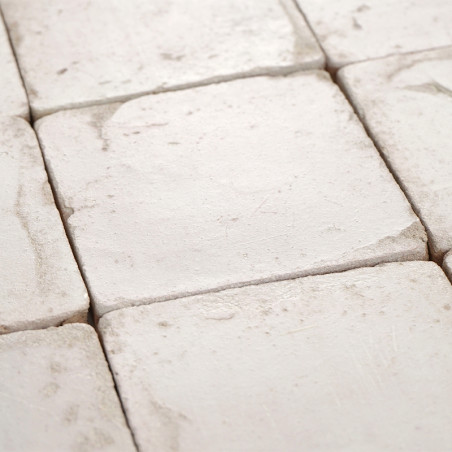 Les carreaux carrés en terre cuite reposent sur un motif de grille soigné, affichant une texture lisse et patinée dans une lumiè