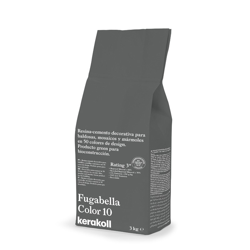 Een donkere zak met het opschrift `Fugabella Color 10 kerakoll`, toont decoratieve hars-cementdetails in het Spaans. Bevat 3 kg 