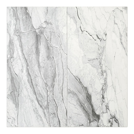 Een grote, rechthoekige tegel heeft ingewikkelde grijze en witte marmerachtige nerven, waardoor een natuurstenen uiterlijk ontst Een grote, rechthoekige tegel heeft ingewikkelde grijze en witte marmerachtige nerven, waardoor een natuurstenen uiterlijk ontst