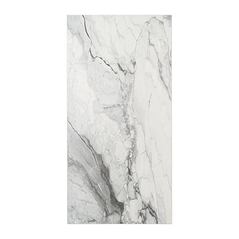 De tegel heeft een wit en grijs marmerpatroon met ingewikkelde nerven, waardoor een natuursteenuitstraling ontstaat die geschikt