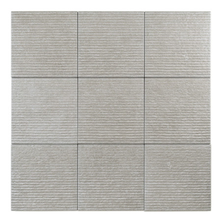 Nueve azulejos cuadrados texturizados de color gris están dispuestos en una cuadrícula de 3x3, con sutiles ranuras horizontales,