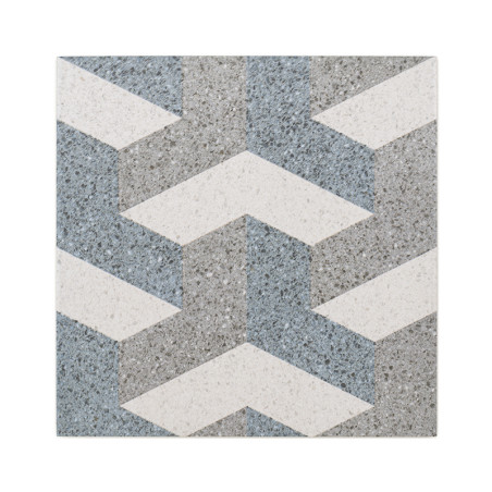 Um ladrilho quadrado exibe um padrão chevron entrelaçado de cinza, branco e azul, criando um efeito 3D com superfícies texturiza