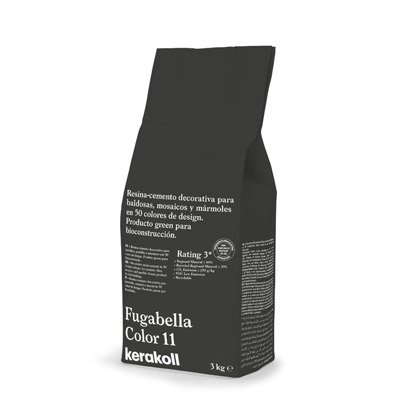 Tas met de tekst Resina-cemento decorativa, Fugabella Color 11 en kerakoll, staande tegen een witte achtergrond.