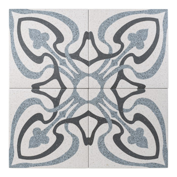 Le carrelage présente des motifs noirs et gris abstraits et floraux sur un fond beige moucheté, créant un design décoratif fluid