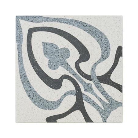 O ladrilho apresenta padrões abstratos florais em preto e cinza contra um fundo bege salpicado, criando um design decorativo flu