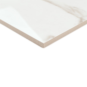 A thin, rectangular ceramic tile with a glossy white surface and subtle gray veining rests on a plain white background.