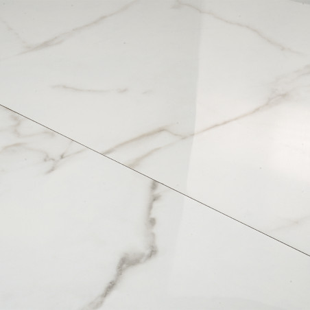 White marble tile with subtle gray veining creates a smooth, polished surface, reflecting light in a minimalist interior setting