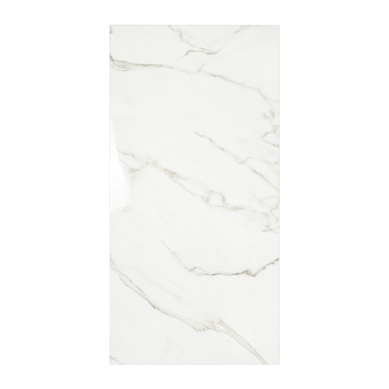 Rectangular tile features a glossy, white marble pattern with light gray veining, creating a sleek, contemporary appearance.