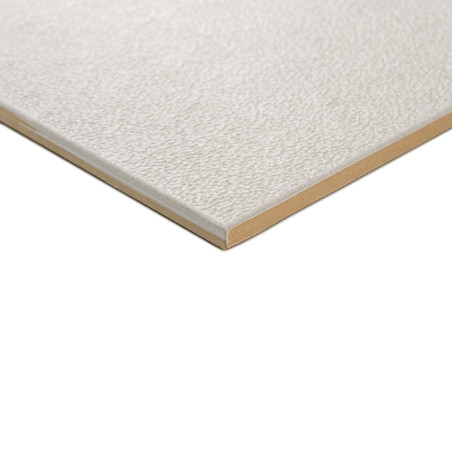 Un carreau rectangulaire présente une surface texturée gris clair avec un bord beige lisse, reposant sur un fond blanc.
