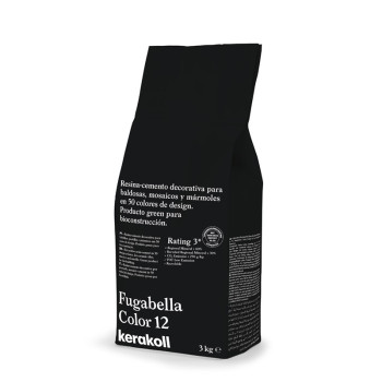 Un sac noir étiqueté « Fugabella Color 12 kerakoll » contient 3 kg de résine-ciment décoratif pour carrelage et mosaïque.