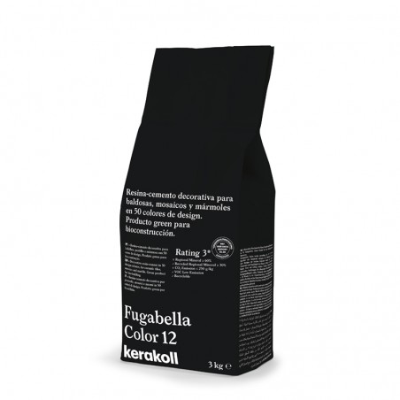 Een zwarte zak met het opschrift `Fugabella Color 12 kerakoll` bevat 3 kg decoratief harscement voor tegels en mozaïeken.