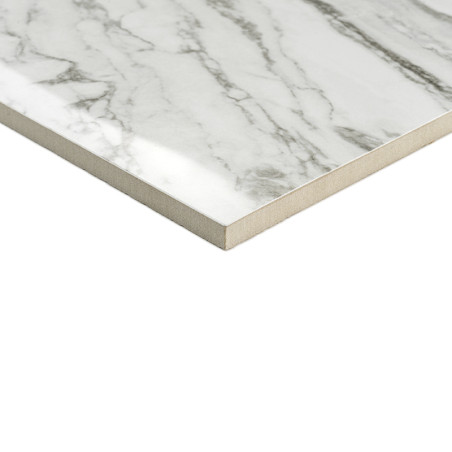 Een rechthoekige keramische tegel vertoont een glanzend, wit oppervlak met grijze marmerachtige aderen, afgezet tegen een effen, Een rechthoekige keramische tegel vertoont een glanzend, wit oppervlak met grijze marmerachtige aderen, afgezet tegen een effen,