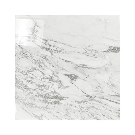 Een vierkante keramische tegel vertoont een wit en grijs marmerpatroon, dat lijkt op natuursteen, geschikt voor vloer- of wandde Een vierkante keramische tegel vertoont een wit en grijs marmerpatroon, dat lijkt op natuursteen, geschikt voor vloer- of wandde