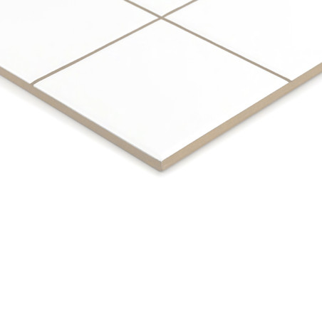 Un azulejo de cerámica blanca con bordes de color marrón claro, con líneas de cuadrícula que la dividen en cuadrados, descansa s Un azulejo de cerámica blanca con bordes de color marrón claro, con líneas de cuadrícula que la dividen en cuadrados, descansa s