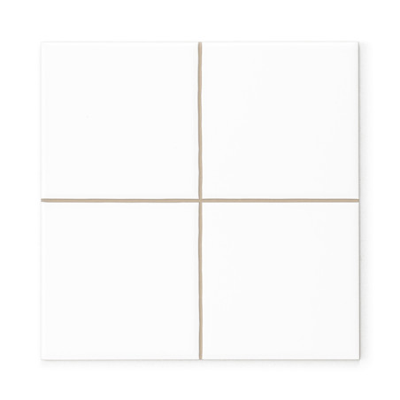Un azulejo de cerámica blanca dividido en cuatro cuadrados iguales mediante finas líneas de lechada de color beige, creando un d Un azulejo de cerámica blanca dividido en cuatro cuadrados iguales mediante finas líneas de lechada de color beige, creando un d