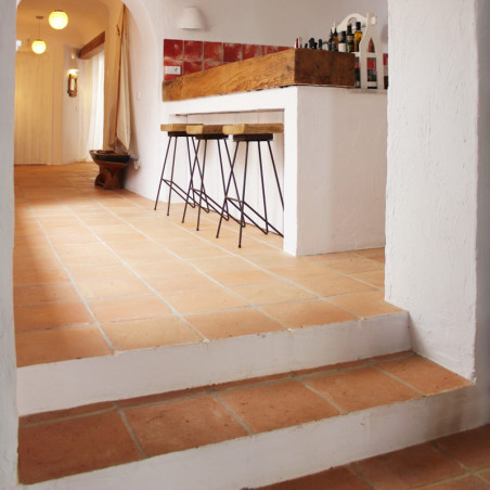 Des carreaux de terre cuite recouvrent le sol, menant à une cuisine avec un comptoir et des tabourets en bois, dans un espace ch