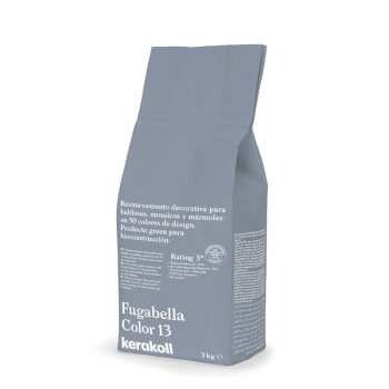 Die Tasche zeigt „Fugabella Color 13“, einen dekorativen Harzzement. Der spanische Text betont die umweltfreundliche Bauweise. E