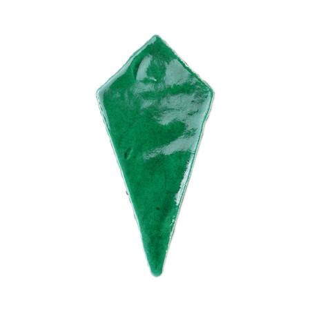 Green, elongated rhombus-shaped terracotta tile, glistening with a glossy finish, isolated on a plain white background. Green, elongated rhombus-shaped terracotta tile, glistening with a glossy finish, isolated on a plain white background.