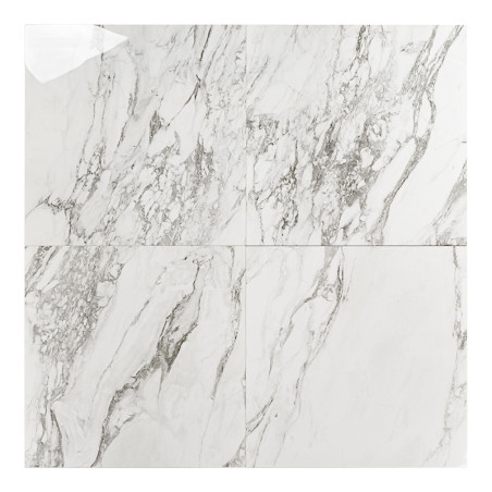 Een vierkante keramische tegel met een witmarmerpatroon met ingewikkelde grijze nerven over het oppervlak, waardoor een natuurst Een vierkante keramische tegel met een witmarmerpatroon met ingewikkelde grijze nerven over het oppervlak, waardoor een natuurst