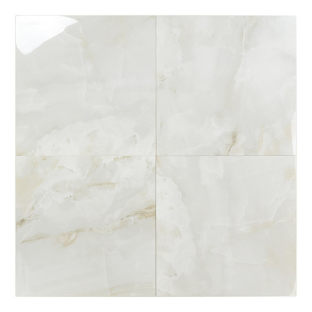 Glanzende tegels met marmermotief vormen een naadloos vierkant met lichte crèmekleurige en beige wervelingen. Het gladde oppervl