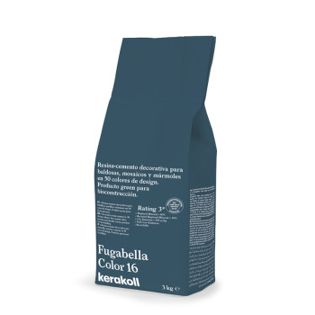 Een donkerblauwgroen zakje met het opschrift `Fugabella Color 16` bevat decoratief harscement voor tegels, mozaïeken en marmer. 