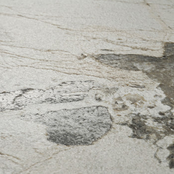 Een getextureerde steentegel heeft onregelmatige, gevlekte patronen met een mix van grijze en beige tinten, waardoor een natuurl