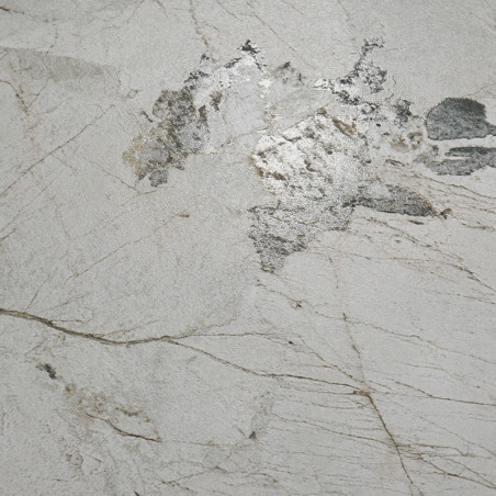 Een lichtbeige tegel heeft dunne, donkere nerven en een gestructureerd oppervlak met onregelmatige zilveren vlekken, die op natu