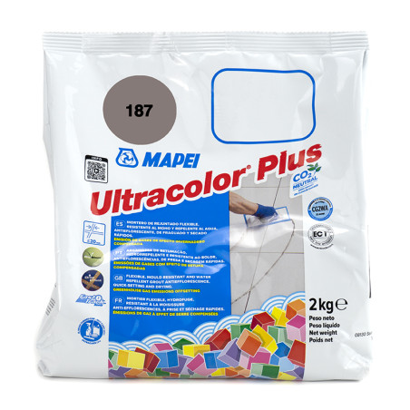 Bolsa de cemento-resino Mapei Ultracolor Plus, que muestra la aplicación sobre Azulejos, rodeada de coloridos gráficos cuadrados