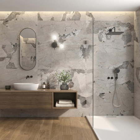 Un baño minimalista cuenta con un tocador de madera con lavabo redondo, un espejo ovalado arriba y una lámpara de pared. Azulejo Un baño minimalista cuenta con un tocador de madera con lavabo redondo, un espejo ovalado arriba y una lámpara de pared. Azulejo