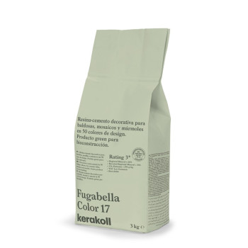 Beutel mit dekorativem Kunstharzbeton, aufrecht stehend. Der Text enthält: „Fugabella Color 17, Kerakoll, 3 kg“. Geeignet für Fl