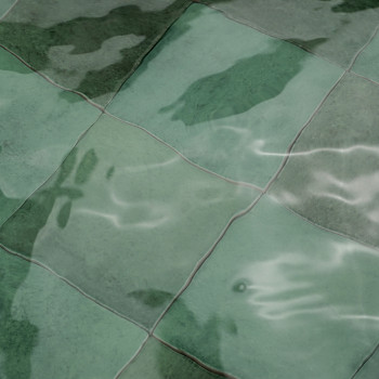 Los azulejos de cerámica verde, parcialmente sumergidas, reflejan la luz y el agua, creando un efecto ondulado y tranquilo en un