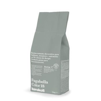Un sac vert étiqueté « Fugabella Color 18 » contient du ciment-résine décoratif pour carrelage. Le texte met en évidence les ava