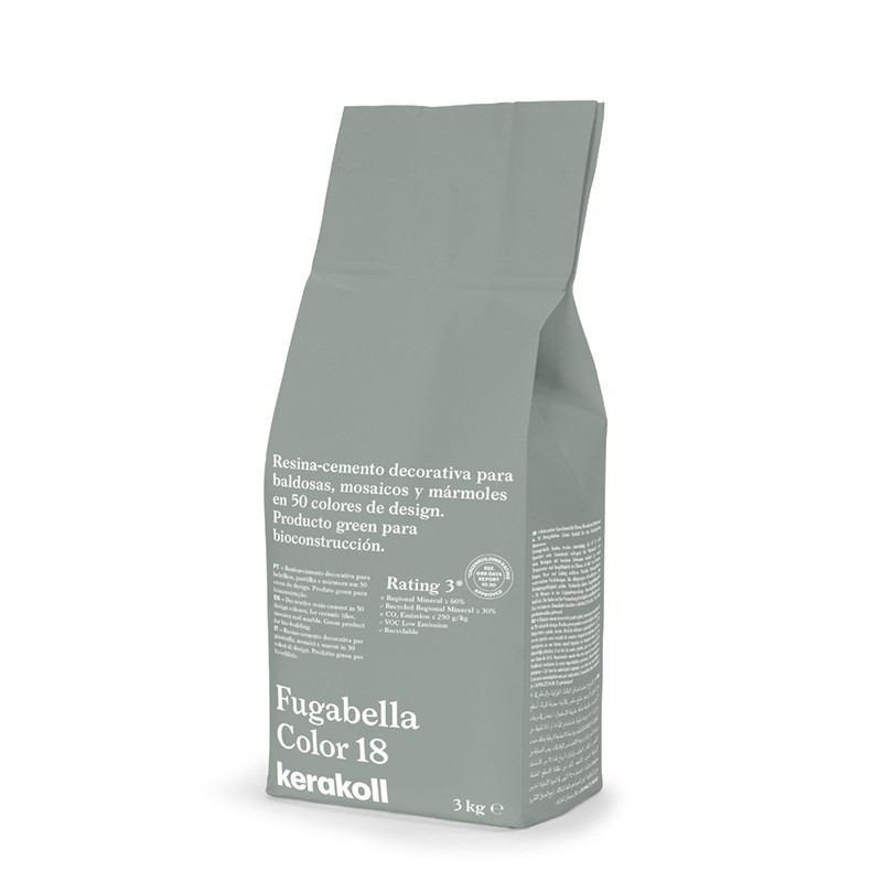 Een groene zak met het opschrift `Fugabella Color 18` bevat decoratief harscement voor tegels. De tekst benadrukt de voordelen v