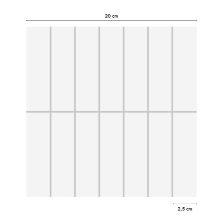 Un azulejo blanco cuadrado que presenta una cuadrícula de nueve rectángulos delineados con finas líneas grises, que miden 20 cm 