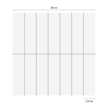 Un azulejo cuadrado blanco con un patrón de cuadrícula, con líneas verticales y horizontales. Texto: `20 cm` en el borde superio