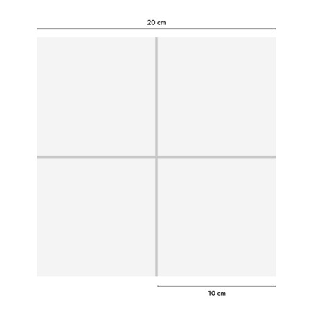 Square tile shows four smaller squares divided by cross lines, labeled dimensions: 20 cm horizontally, 10 cm vertically, on a wh
